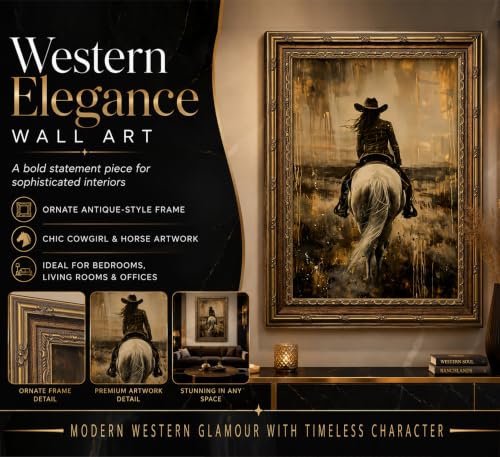 Vintage Gold Framed Western Cowgirl Wall Art Equestrian Rider in Sepia Tones Painting Canvas Prints Country Cowboy White Horse Picture Poster Rustic Farmhouse Artwork for Living Room Bedroom - color: Cowgirl, size: 24"L x 16"W