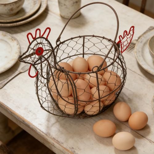 Rooster Shaped Chicken Wire Egg Basket for Gatheirng Fresh Egg | Chicken Egg Basket,Metal Egg Collecting Basket with Handle, Farmhouse Countertop Decor, Chicken Coop& Kitchen