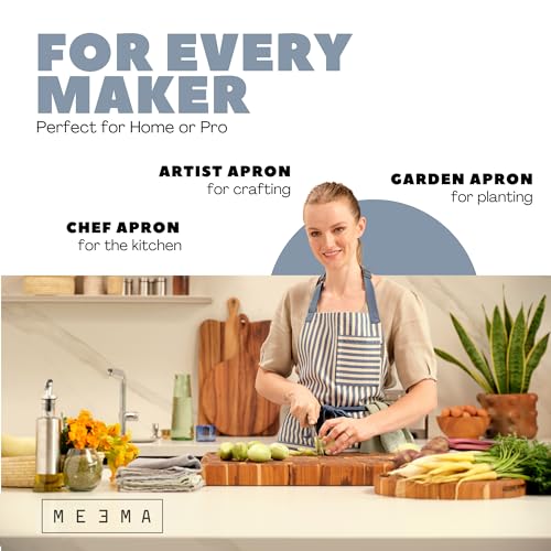 Chef Aprons for Women with Pockets, Adjustable Bib Aprons for Cooking - color: Blue Striped
