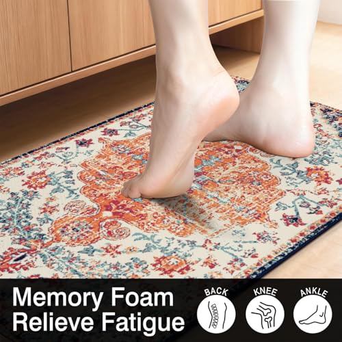 Boho Anti Fatigue Kitchen Mat, Orange, 17"x47"+17"x29" | Cushioned Non-Slip Floor Rug, Country Rustic Farmhouse Kitchen Decor Sets of 2, for Home, Sink, Laundry - color: Orange