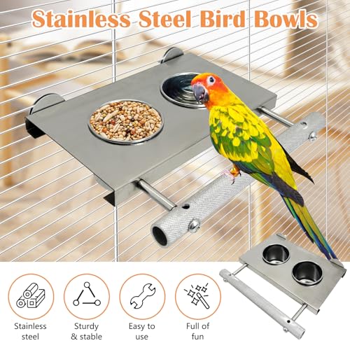 Stainless Steel Bird Feeder Hanging Parrot Feeder Bowl with Perch Stand Removable Food and Water Cups Bird Cage Accessories for Parakeet Cockatiel Budgie Conure
