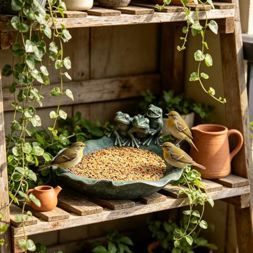 Wild Bird Feeder Birdbath Bowl - Garden Decorations Hummingbird Feeders Frogs on Leaf Bird Bath for Backyard Patio Outdoor Gifts for Frogs Lovers Mom Grandma Women 9.25*9.25*5 inch Newman House Studio