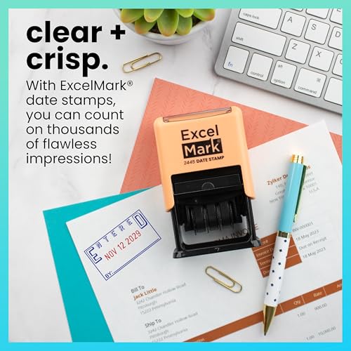ExcelMark 2445 Date Stamp with Text - Blue and Red Ink (Peach Mount, Entered) - color: Peach Mount, size: Entered