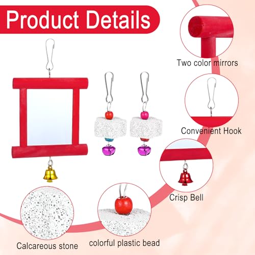 3 Packs Chicken Toys for Coop, Hen Chicken Coop Mirrors Bird Toy with Bells Hanging Parrot Grindstone Bird Beak Stones for Chicks Parrots Birds Hens - color: Red