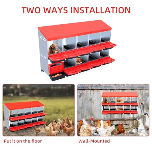 Chicken Nesting Box, Red 10 Hole Chicken Laying Box, Tray for Easy Egg Collection, Large Holes for Ventilation, Suitable for Chickens & Ducks - color: Red, size: 59.1"L x 23.6"W x 35.4"H