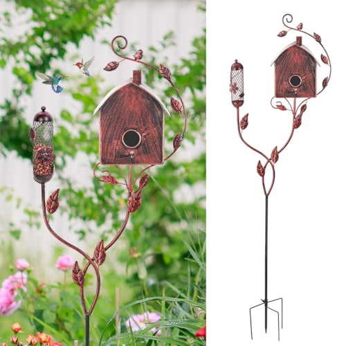 49" Bird Houses for Outside with Pole, Outdoor Metal Birdhouse with Mesh Feeder for Patio, Yard, Garden(Antique Bronze) - style: Cottage(Antique Bronze)