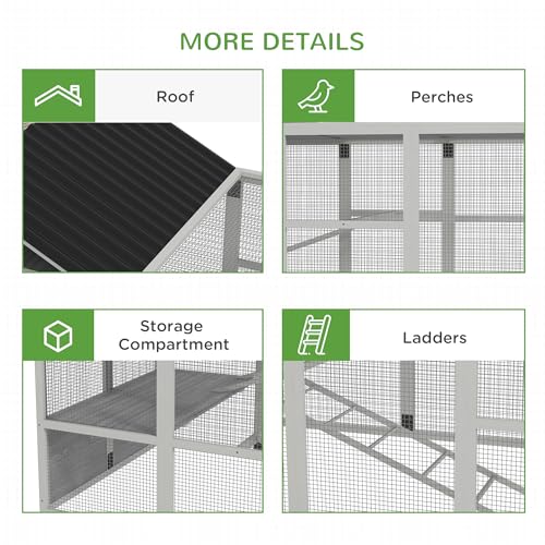 PawHut Wooden Chicken Coop Run for 6-10 Chickens 141.75" x 48" x 61" Gray | Hen House, Poultry Cage Add-On, Storage, Perches - color: Gray