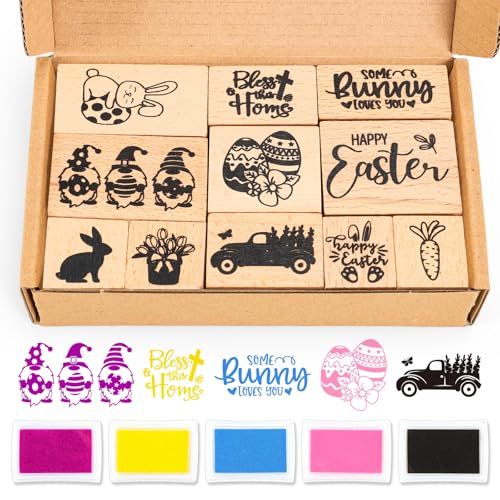 JarThenaAMCS 11 Pcs Easter Wooden Rubber Stamps Spring Tulip Floral Bunny Rabbit Egg Gnome Mixed DIY Craft Stamps for Party Decor Scrapbooking Cards Making - style: Easter