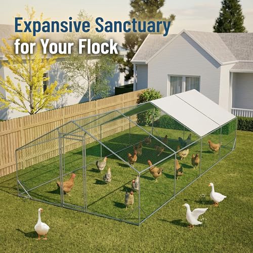 10' x 26' Large Metal Chicken Coop, Outdoor Heavy-Duty Chicken Run with Waterproof Oxford Cover & Secure Lockable Door, Walk-in All-Weather Poultry Cage for Hens, Ducks, Rabbits, Silver - color: Silver B, size: 120.0"L x 312.0"W x 312.0"H
