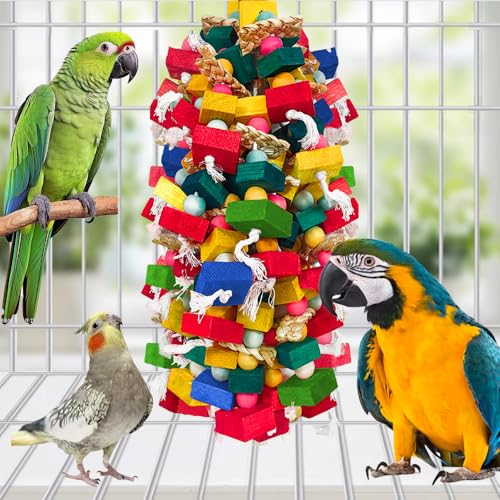 Extra Large Bird Toys for Macaws Cockatoos Amazons Chew - Natural Wood Parrot Chewing Toy with Foraging, Bird Cage Activity Center - color: Multicolor