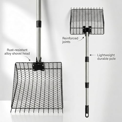 2-in-1 Metal Chicken Poop Scooper & Rake Durable Lightweight Sand Sifting Litter Shovel with Adjustable Long Handle, No-Bend Cleaning Tool for Chicken Coops & Farm Animals & Livestock