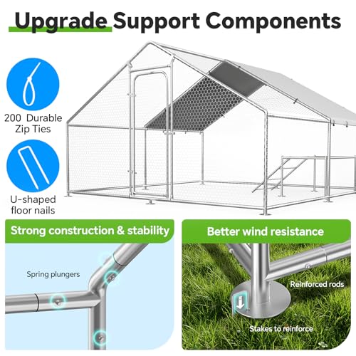 13.1 x 9.8 x 6.4 FT Metal Chicken Coop, Chicken Run with Cover | Walk-in Metal Chicken Coop, Waterproof Cover, Side Hardware Cloth, Roosting Perch, reinforced frame, Backyard & Farm Use - size: 158.7"L x 119.7"W x 78.7"H