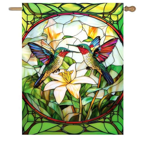 Stained Glass Hummingbird House Flag 28x40 Double Sided Large Decorative Flags For Outside Spring Floral Garden Flag Summer Flower Yard Flags for Lawn Porch Patio Decor - color: floralhummingbird