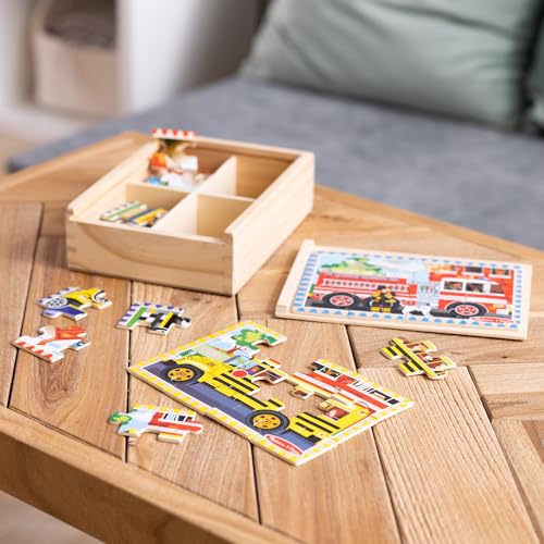 Melissa & Doug 4‑in‑1 Wooden Vehicle Jigsaw Puzzle Set, 48 Pieces with Storage Box, Toddler Puzzle Toy for Kids Ages 3+- FSC Certified - style: Vehicles