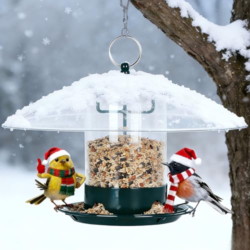Gbekery Metal Bird Feeder for Outdoor Hanging with 12” Weatherproof Dome, Weather Resistant Wild Bird Feeder with 360 Degree Feeding Tray, Green - color: Green with Transparent Dome