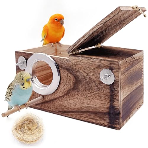 kathson Parakeet Nesting Box,Wooden Budgie Breeding Mating Boxes,Parrots Nest House Hut for Cage,Bird Nesting Box for Lovebirds,Conure,Canary,Finch and Small Medium Birds, M - size: M: 9.84*5.11*5.11inch