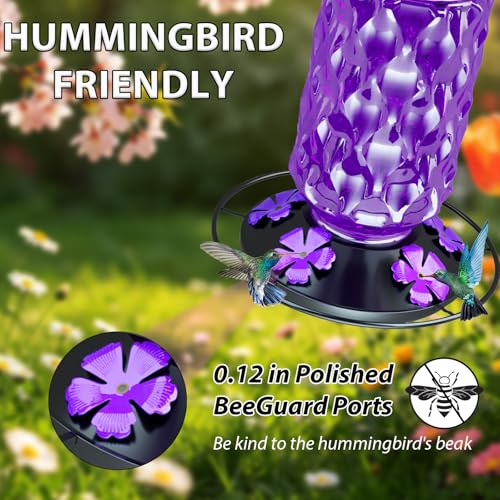 Glass Hummingbird Feeder for Outdoors, 25OZ Hummingbird Feeder with 5 Flower Ports & Perch, Leak-Proof, Crystal Clear – Hummingbird Feeders for Outdoors Hanging, Garden Decor,Gifts for Women Men - color: Purple