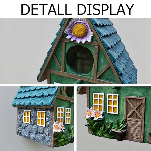 Bird House for Outside, Hand-Painted Resin Cottage Birdhouse with Flower Accents, Waterproof Hanging Bird House for Outdoor Garden, Patio, Yard, Bluebird, Finch, Hummingbird, Sparrow Nesting Box