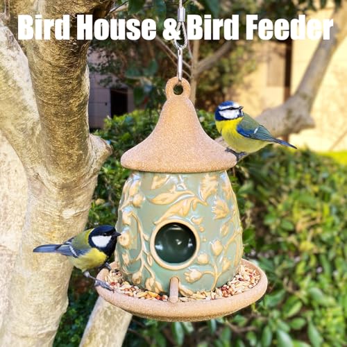 Hanging Bird Houses Ceramic Bird House Feeder with Wooden Pole for Outside Hummingbirds Cardinal Bluebird Nest Birdhouse Pet Cottage for Patio Outdoor Garden Decor