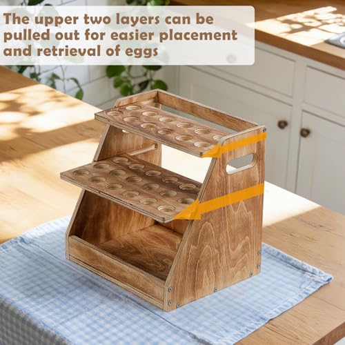 HAITRAL 3-Tier Wooden Egg Holder, Retractable Countertop Rack Hold 70 Egg | Farmhouse Egg Rack With Handle, for Fresh Chicken Egg, Duck Egg, Suitable for Home Kitchen