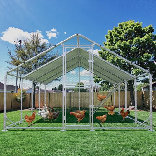 Large Metal Chicken Coop Runs for Yard with Cover, 10x26x6.5 | Perch Bars, Split Doors, Waterproof Covers, Mesh Wire - color: Spire Top, size: 315.0"L x 118.1"W x 78.7"H