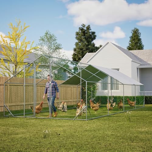 10' x 26' Large Metal Chicken Coop, Outdoor Heavy-Duty Chicken Run with Waterproof Oxford Cover & Secure Lockable Door, Walk-in All-Weather Poultry Cage for Hens, Ducks, Rabbits, Silver - color: Silver B, size: 120.0"L x 312.0"W x 312.0"H
