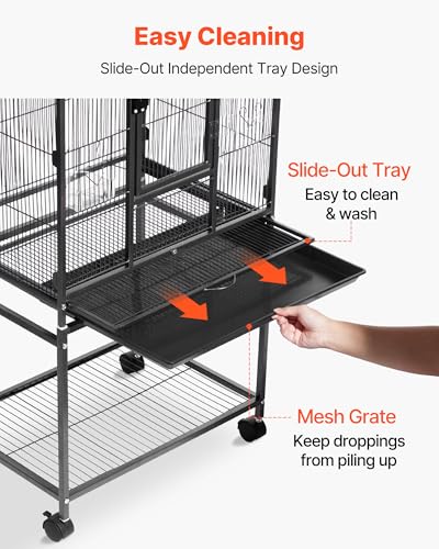 VEVOR Bird Cage, 24.6 x 16.7 x 53.9 inch, Flat Top, Wrought Iron Bird Flight Cage with Perches, Slide-Out Tray and Plastic Feeders, Casters, for Parrot, Blue Tit, Cockatiel, Canary, Budgerigar, Conure - size: 24.6"L x 16.7"W x 53.9"H