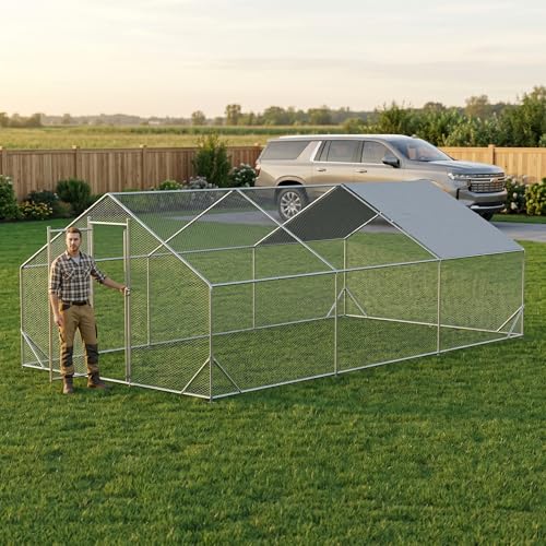 10' x 20' Large Metal Chicken Coop, Outdoor Heavy-Duty Chicken Run with Waterproof Oxford Cover & Secure Lockable Door, Walk-in All-Weather Poultry Cage for Hens, Ducks, Rabbits, Silver - color: Silver B, size: 120.0"L x 240.0"W x 240.0"H