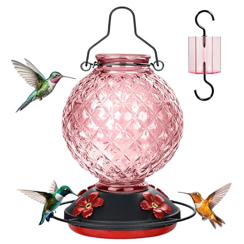 25 OZ Glass Hummingbird Feeder for Outdoors, Leak Proof Hummingbird Feeder with Ant Moat, 4 Bee Resistant Feeding Ports, Easy Clean Wide Mouth Design, Hanging Nectar Feeder, Pink - color: Pink - 25oz
