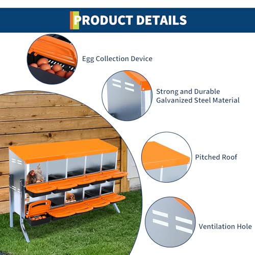 2-Tier Chicken Nesting Box, 10 Compartment Metal Nesting Box for Chickens with Waterproof Roof, Non-Slip Stable Base, Heavy Duty Chicken Laying Boxes for Hens, Poultry - color: Orange, size: 32.1"L x 16.9"W x 26.6"H