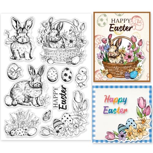 Vintage Rabbit Clear Stamps - 8.3x5.8, Happy Easter Words, Eggs, Flowers, Retro Bunny, Transparent Stamp for Card Making, DIY Paper Scrapbooking Decoration - color: Vintage Easter
