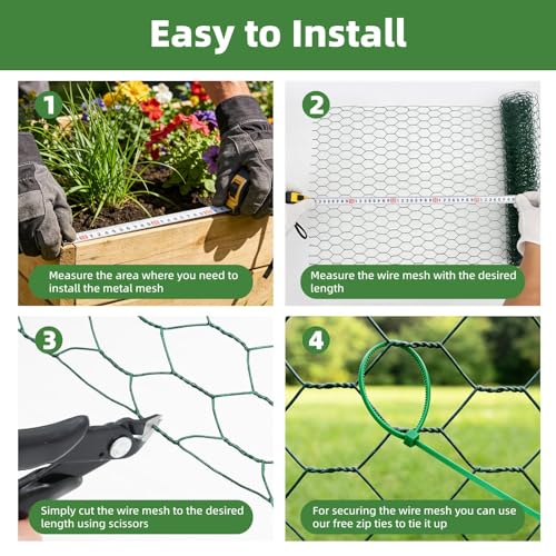 Chicken Wire for Floral Arrangements - Hexagonal Galvanized PVC Coated Poultry Wire Mesh Netting with Gloves, Wire Cutter & Zip Ties for Crafts, Poultry, Gardening Fence (15.7 x 118 lnches) - size: 15.7 x 118 lnches