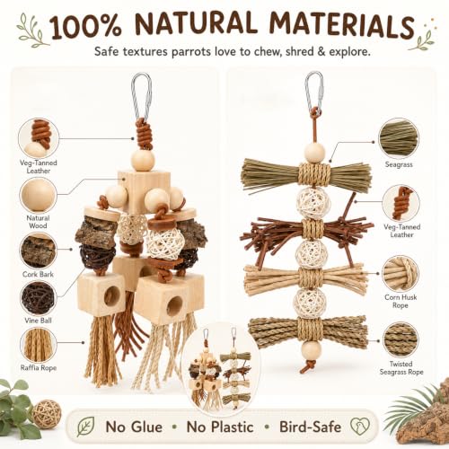 2Pcs Natural Bird Toys for Parrots, Parakeet & Cockatiel - Foraging Cage Toy with Wood, Cork Bark, Raffia - Shredding Chewing Gear Conures, Budgies, Lovebirds - Safe Stainless Link