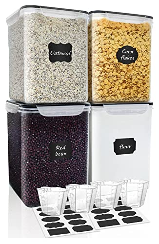 Large Food Storage Containers 5.2L (175oz), MCIRCO 4 Pieces Plastic Airtight Food Storage Containers for Flour, Sugar, Baking Supplies, with 4 Measuring Cups and 20 Labels - size: 5.2L