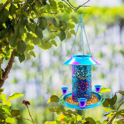 Solar Bird Feeder for Outdoors, 3 Nectar Cups for Hummingbirds, Metal Squirrel-Proof Weatherproof, 2-in-1 Garden Lantern Auto Light at Night, Perfect for Birthdays, Christmas, Bird Lovers