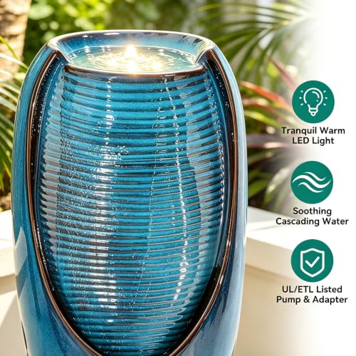 Autodaya 33" H Ceramic Jar Outdoor Water Fountain, Banana Leaf-Texture | Artisan High-Fired Glaze, Warm Ambient LED Lighting, Upgraded Pump, Soothing Cascading Water Feature For Garden Patio Yard - color: 32"h-leaf Pattern Teal Blue Glaze