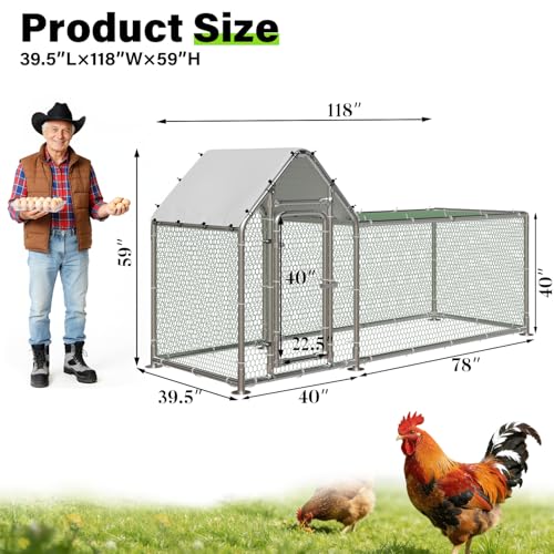 LEMBERI Small Metal Chicken Coop, Walk-in Chicken Run,Galvanized Wire Poultry Chicken Hen Pen Cage, Rabbits Duck Cages with Waterproof and Anti-Ultraviolet Cover for Outside,Backyard and Farm - size: 118"L x 39.5"W x 59"H