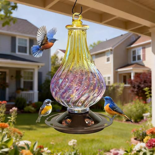 Glass Bird Feeder for Outdoors Hanging – Lantern Shape with Hook, Waterproof Wild Bird Feeder for Seeds, Outside and Garden Decoration