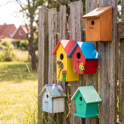 DoubleFill 2 Pcs Birdhouses for Outdoor Hanging Yard Outside Wooden Birdhouse Hand Painted Bird Box for Bird Lovers Bluebird Tree Garden Decor Decorative Birdhouse(Red,Yellow,Wooden Roof) - color: Red,Yellow, size: Wooden Roof