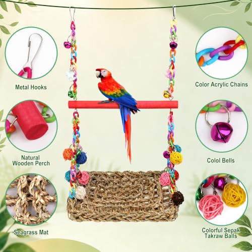 Bird Swing Mat with Wood Perch, AHIER Seagrass Bird Hammock for Conures with Chewing Toy for Parakeets, Budgie, Cockatiel Cage Accessories (Rose-Pink Pole) - color: Rose-Pink Pole
