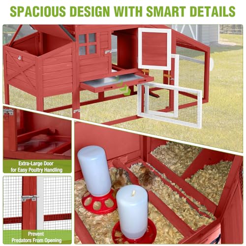 GUTINNEEN Chicken Coop with Wheels for 2-4 Chickens, Large Wooden Outdoor Hen House with Run, Waterproof & UV-Resistant Roof, Removable Leakproof Tray and Divided Nesting Box– Red - color: (Red-AIR32)