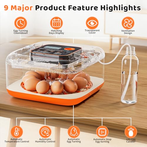 Incubators for Hatching Eggs Automatic Egg Incubator with Temperature Control Humidity Display 12 Egg Capacity for Chicken Duck Goose Eggs Digital Display Auto Turner 360° View (Orange Yellow) - color: Orange Yellow