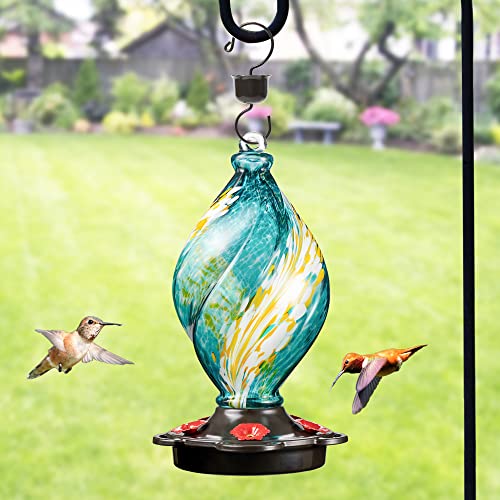 LUJII Ice Cream Shaped Spiral Hummingbird Feeder for Outdoors Hanging, Hand Blown Glass, 28 fl.oz, Leak Proof & Rustproof, Includes an Ant Moat with Hook, Unique & Stylish Glass Art & Decor (Teal) - color: Teal, size: Small