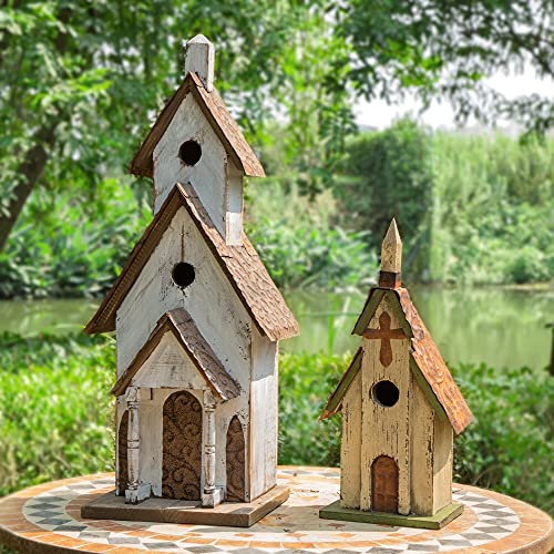 Glitzhome Rustic Hand Painted Wooden Church Birdhouse, Extra-Large 23.62" H Hanging Bluebird Houses for Outside, Decorative Bird House for Yard and Garden Decoration - color: Washed White