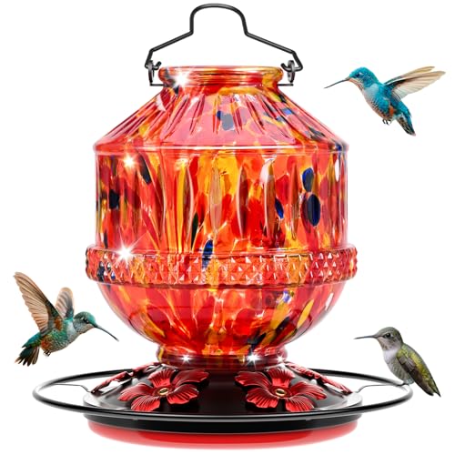 Blown Glass Hummingbird Feeders for Outdoors, 25 Ounces Wild Bird Nectar Feeder with Perch & 5 Flower Feeding Ports Leak Proof Hanging for Garden Backyard Decor, Gifts for Women Mom, Sunrise Red - color: Sunrise Red