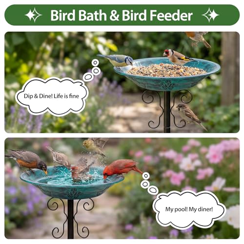 Metal Bird Bath for Outdoors, 4-Prong Ground Stake, Antique Green | Detachable Bowl, Weather-Resistant, Vintage, Rust-Proof, Garden Patio Yard Lawn Decor, Gift for Men Women Dad Mom Bird Lovers - color: Antique Green