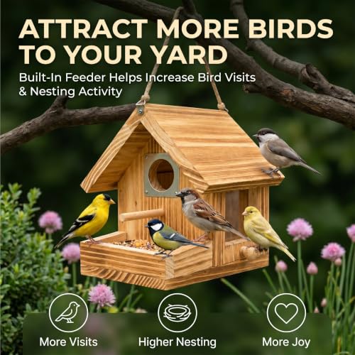 Window Bird Houses for Outside with Clear See-Through Viewing Window | 2-in-1 Wooden Birdhouse with Feeder, Suction Cups & Hanging Rope, Carbonized Wood Bird House for Bluebird Wren Finch - color: Side