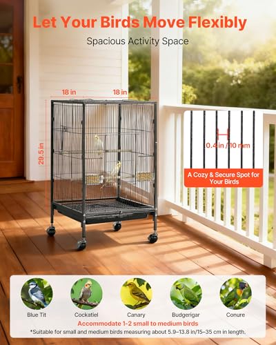 VEVOR Bird Cage, 18 x 18 x 30 inch, Open Flat Top, Wrought Iron Bird Flight Cage with Perches, Slide-Out Tray and Plastic Feeders, Casters, for Parrot, Blue Tit, Cockatiel, Canary, Budgerigar, Conure - size: 18.0"L x 18.0"W x 30.0"H
