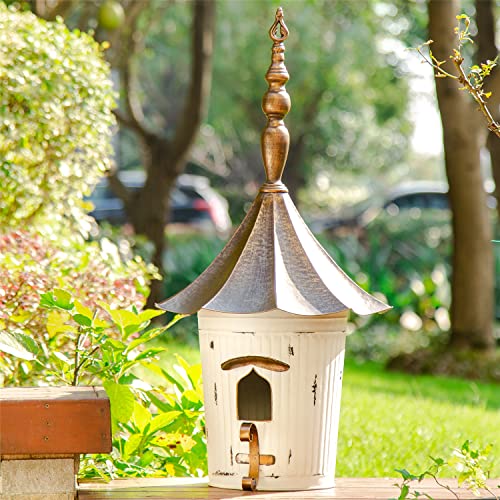 Glitzhome 29.75”H Metal Hanging Birdhouse for Outdoors Oversized Farmhouse Pagoda Painted Bird House with Bronze Roof for Bluebird Wren Chickadee Sparrow Bird Nest Box for Garden Patio, Washed White - color: Washed White