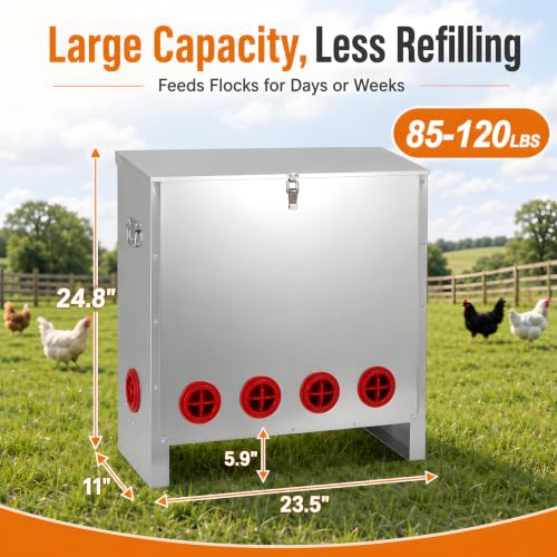 Automatic Chicken Feeder 85-120lbs Capacity, Galvanized Metal Poultry Feeding Equipment, Rainproof & Rodent Proof Large Chicken Food Dispenser for Backyard Coop & Farm Use (10 Ports) - style: 10 Ports(85-120LBS)